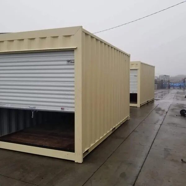 Grey storage container on a construction site with a padlock box