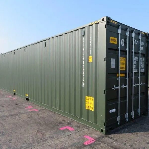 Stacked high cube containers seen from below