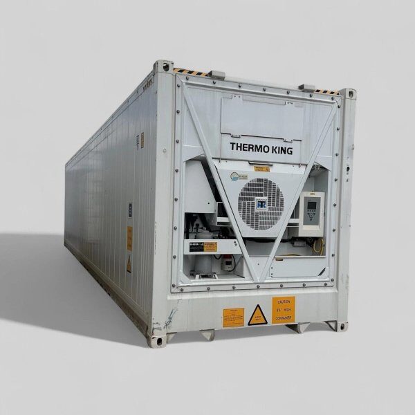 White refrigerated reefer container with cooling unit