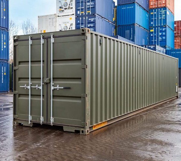 Cargo-worthy 40ft high cube container standing in a depot