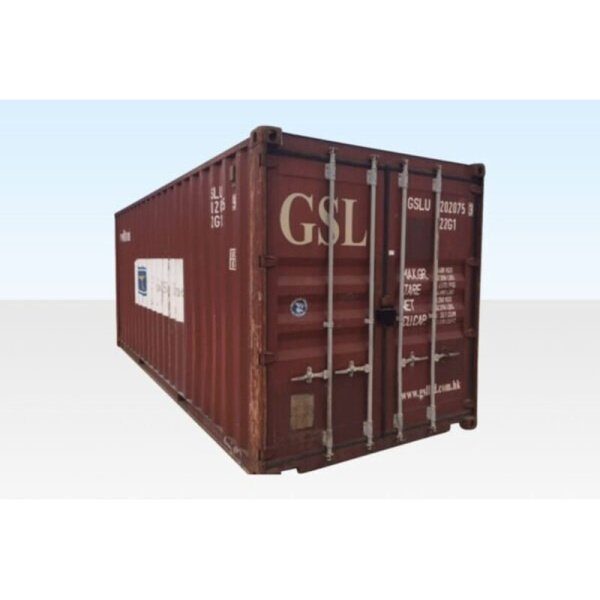 Used 20ft storage container with surface rust and closed cargo doors